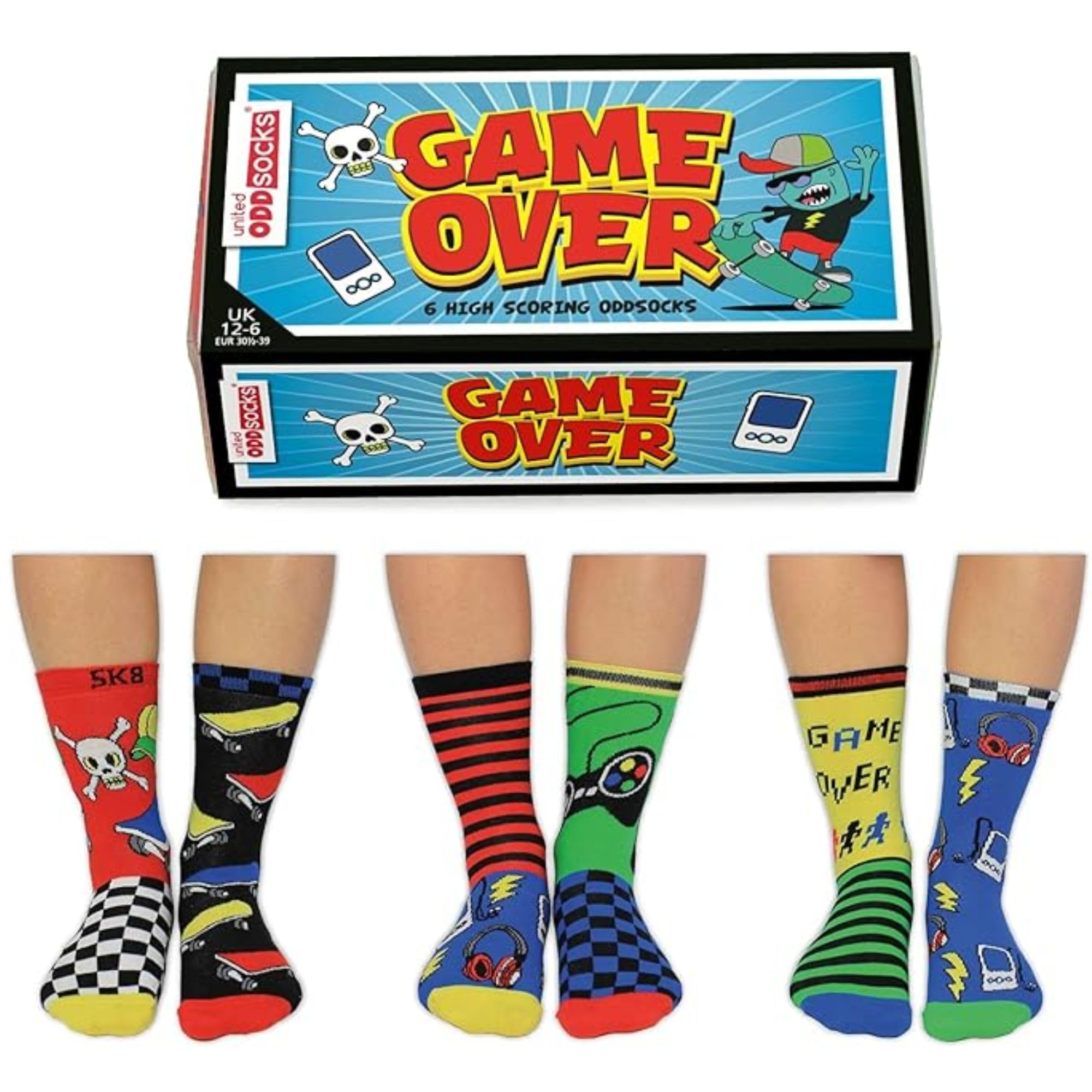 United Oddsocks Game Over - Box of 6 Oddsocks For Boys, UK 12-6 EUR 30.5-39 US 13.5-7, Multi