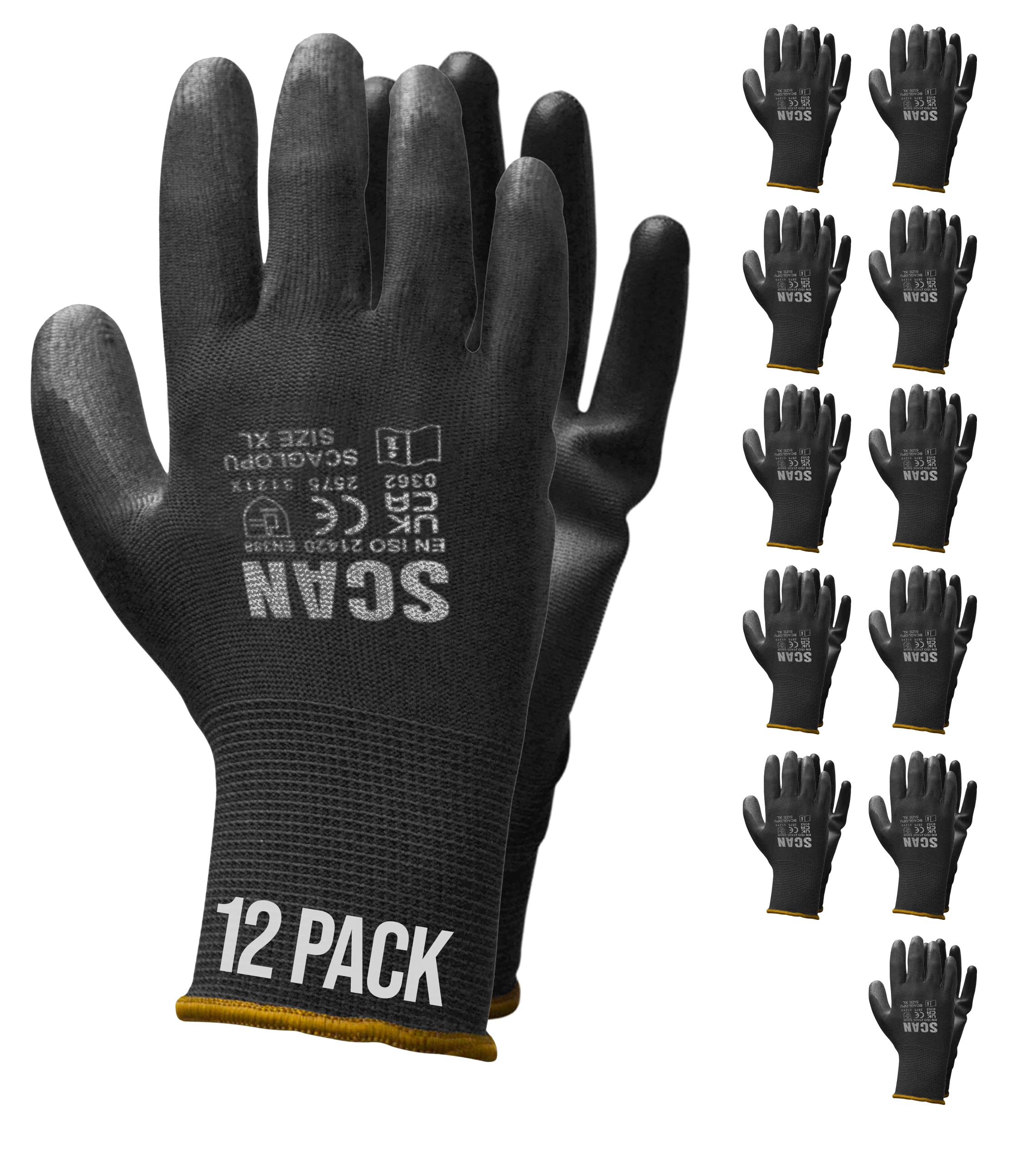 Scan SCAGLOPU12XL Black PU Coated Gloves - Size 10 - Pack 12