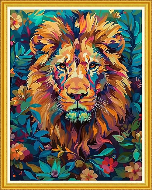 Magxvouy Cross Stitch Kits Stamped Full Range of Embroidery Kits,Cross Stitch Patterns Needlework Kits for Beginners 11CT Printed Kits&Colorful Lion 16x20 inch