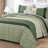 Green Quilt Set Queen Size,Boho Summer Bedspread Coverlet Set,Striped Plaid Bedding Set Soft Microfiber Bedding Set with 2 Pillow Shams 96"x90"