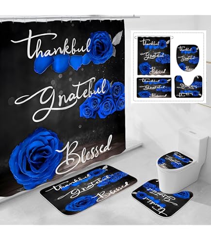 AYULO Blue Rose Bathroom Shower Curtain Set – 4-Piece Set With Curtain, 3 Rugs, Hooks – Waterproof Polyester, 70.8" X 70.8"