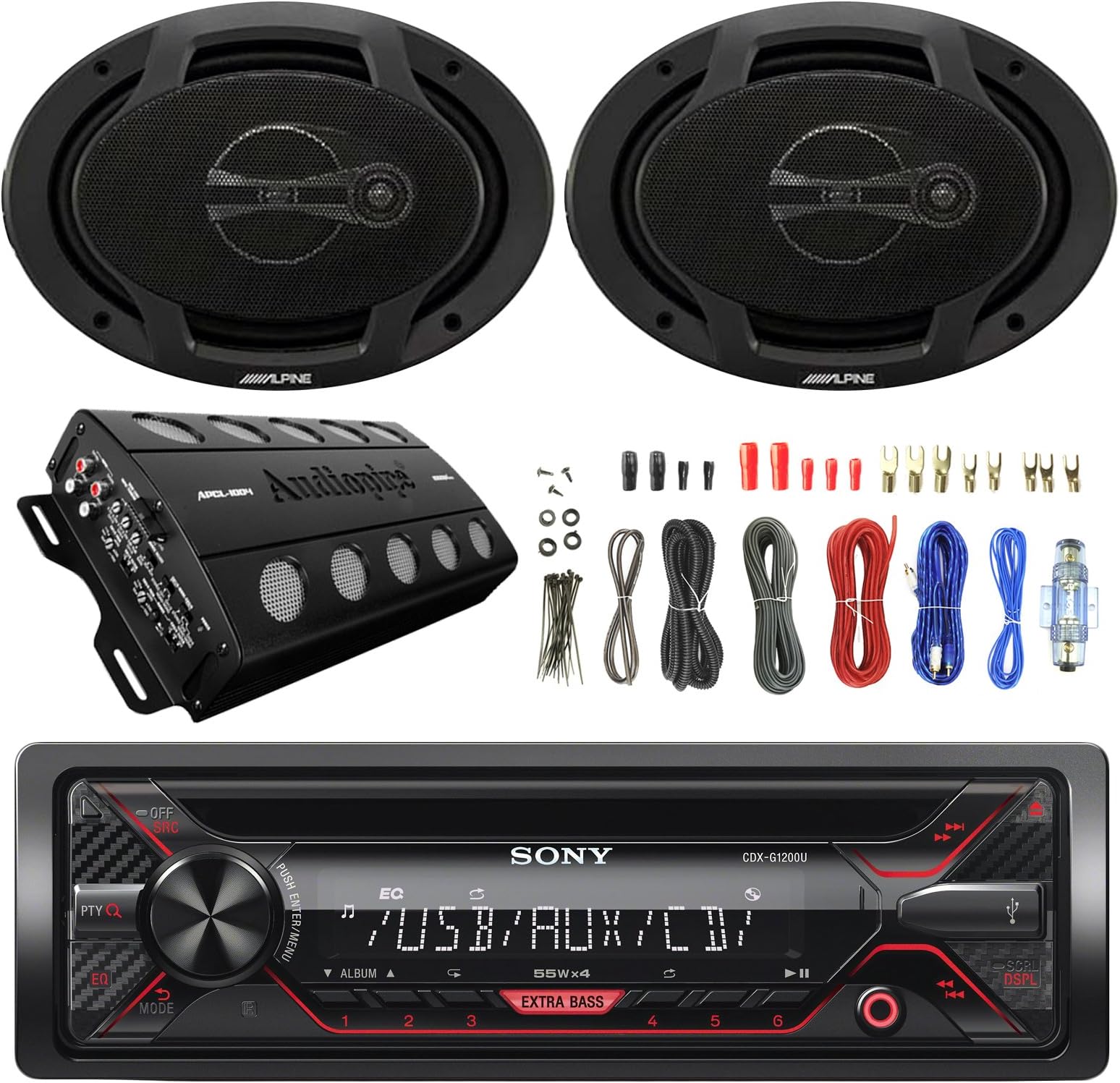 Sony CDX-G1200U 55W CD Receiver,2X Alpine SPJ-691C3 6 x 9 Inches Coaxial 3-Way Speaker, Audiopipe 1000 Max Watt 4 Channel Amplifier, Enrock 8 Gauge Amplifier Wiring Install Kit
