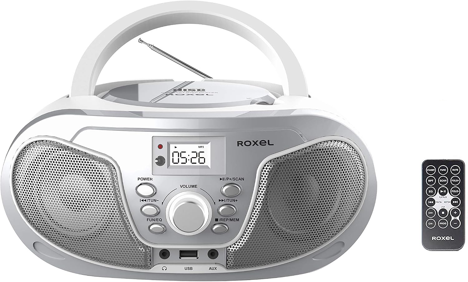 Roxel RCD-S70BT Portable Boombox CD Player with Remote Control, FM Radio, USB MP3 Playback, 3.5mm AUX Input, Headphone Jack
