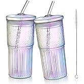Joeyan 22 oz Iridescent Glass Tumbler with Straw and Lid for Iced Tea Coffee Smoothie Water Juice Beverages Soda,Ribbed Glasses Cups,Borosilicate Drinking Jar,Set of 2