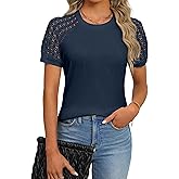 Fayenne Womens Tops Dressy Casual Sexy Tops Patchwork Lace Short Sleeve Blouses Summer Tops Waffle Knit Business Casual Tops