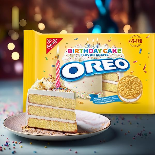 OREO GOLDEN BIRTHDAY CAKE CREME SANDWICH COOKIES, LIMITED EDITION, 10.68 OZ