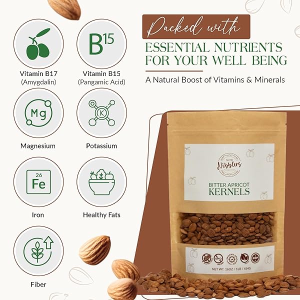 NUTRI NIBBLERS CERTIFIED ORGANIC BITTER APRICOT SEEDS 1LB FRESHLY PACKED BITTER APRICOT KERNELS ORGANIC RAW IN ECO-FRIENDLY RESEALABLE BAG VEGAN,NON-GMO,GLUTEN FREE – RICH IN VITAMIN B17 (AMYGDALIN)