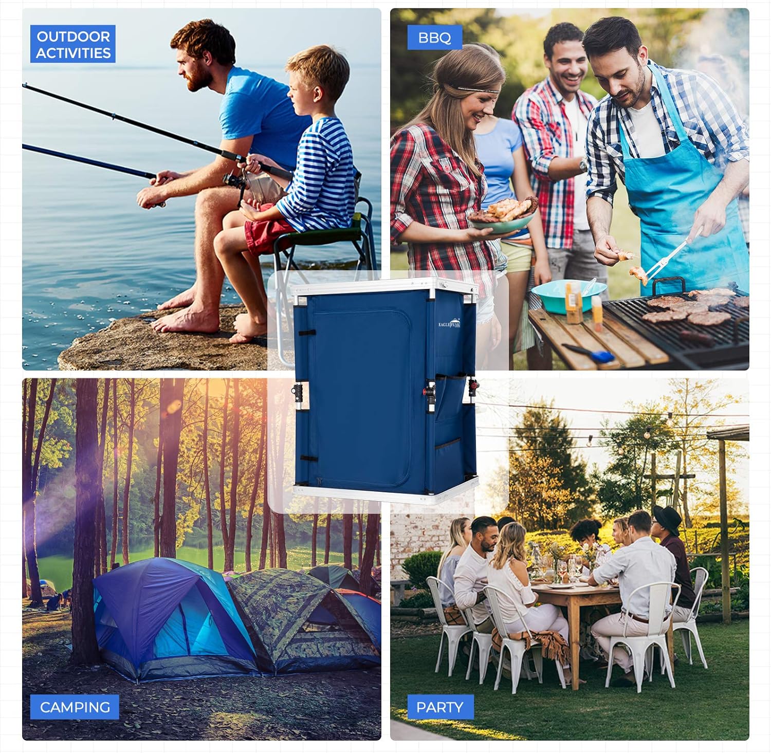 Eagle Peak Outdoor Camping Pop Up Folding Table with Large 3-Tier Storage Organizer and Side Pockets, Easy Set Up Portable Lightweight Aluminum Camping Kitchen, Blue: Kitchen & Dining