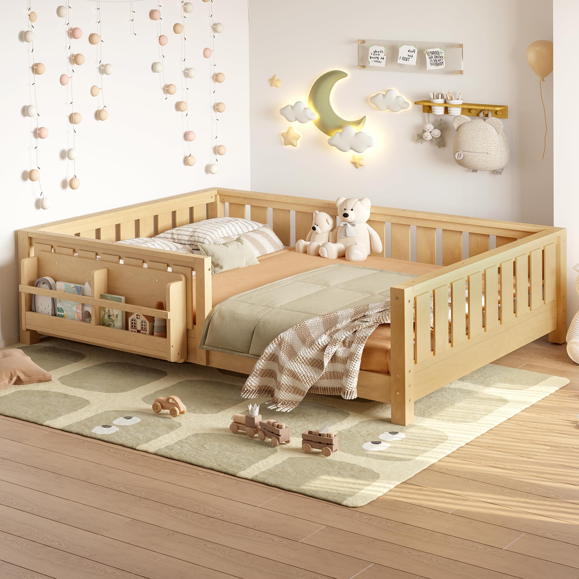 Photo 1 of Bellemave Full Size Floor Bed with Slats and Safety Guardrail, Full Size Montessori Floor Bed with Fence and Built-in Bookshelf, Easy Assemble Montessori Beds for Kids, Girls, Boys, Light Natural