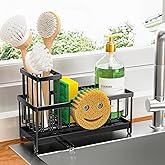 Cisily Sponge Holder for Kitchen Sink, Sink Caddy Organizer with High Brush Holder, Kitchen Countertop Organizers and Storage Essentials, Rustproof 304 Stainless Steel (Black with Smiley Face, 9.25″)