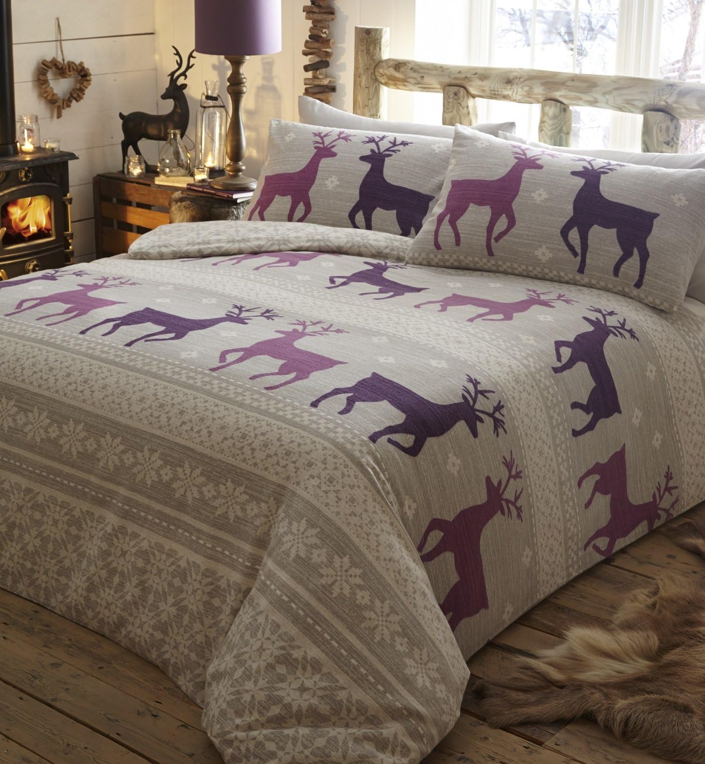 Homespace Direct Helsinki Plum Stag Flannelette King Size Duvet Cover and Pillowcase Bedding Set, Cotton,