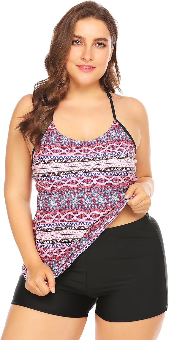 Womens Plus Size Tankini Swimsuits Two Piece Swimwear Aztec Floral Print Bathing