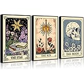 3Pcs Tarot Card Wall Art Sun Moon Star Picture Vintage Boho Celestial Canvas Posters Print Skull Book Floral Mystical Astrology Artwork Wall Decor for Living Room Bedroom 12x16in Unframed