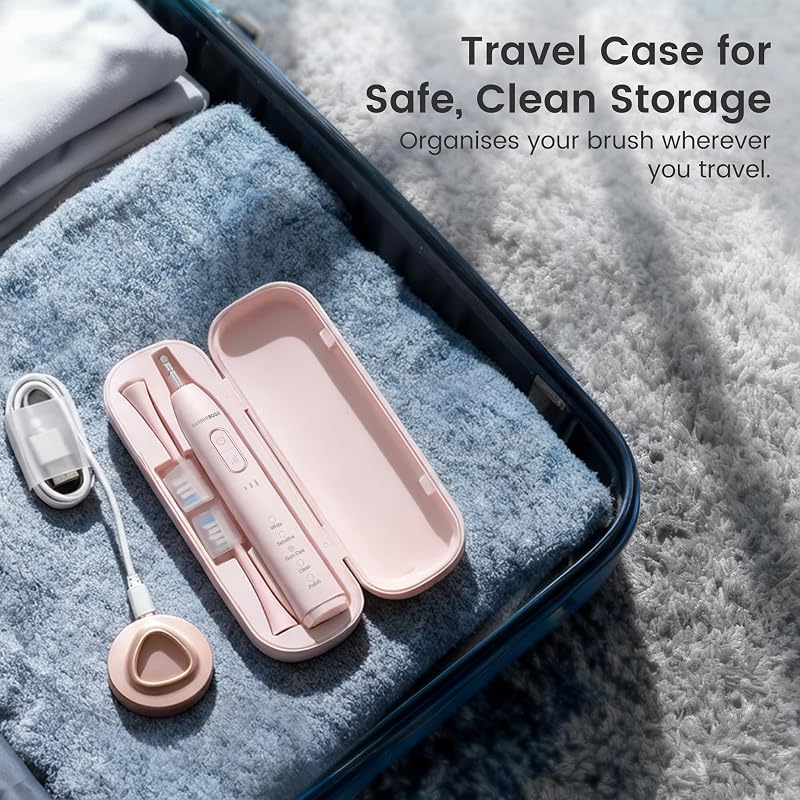 Spazzolino elettrico sonico per adulti, spazzolino ricaricabile rosa con base di ricarica USB, 5 modalità di pulizia × 3 intensità, timer intelligente da 2 minuti, 6 testine, QR-7303