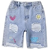 WDIRARA Girl's Cute Graphic Ripped Bermuda Denim Shorts Elastic High Waist Raw Hem Jean Shorts