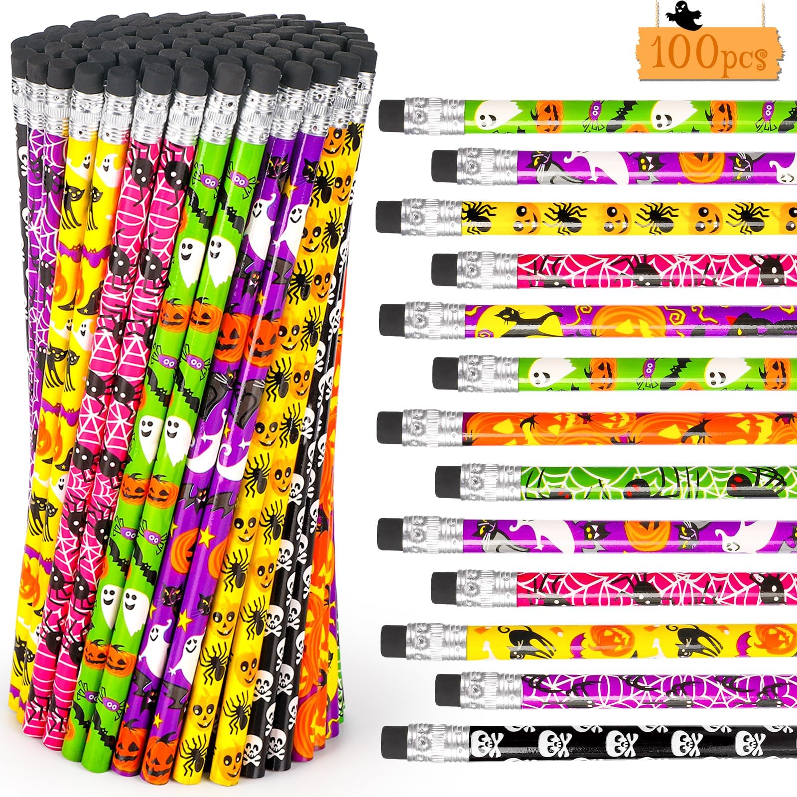 Photo 1 of 100PCS Halloween Pencils for Kids Toddlers halloween Party Favors Colored Pencil with Eraser Assorted Pattern Pens Halloween School Stduents Gifts Classroom Prizes Trick or Treat Goodies Bags Filler