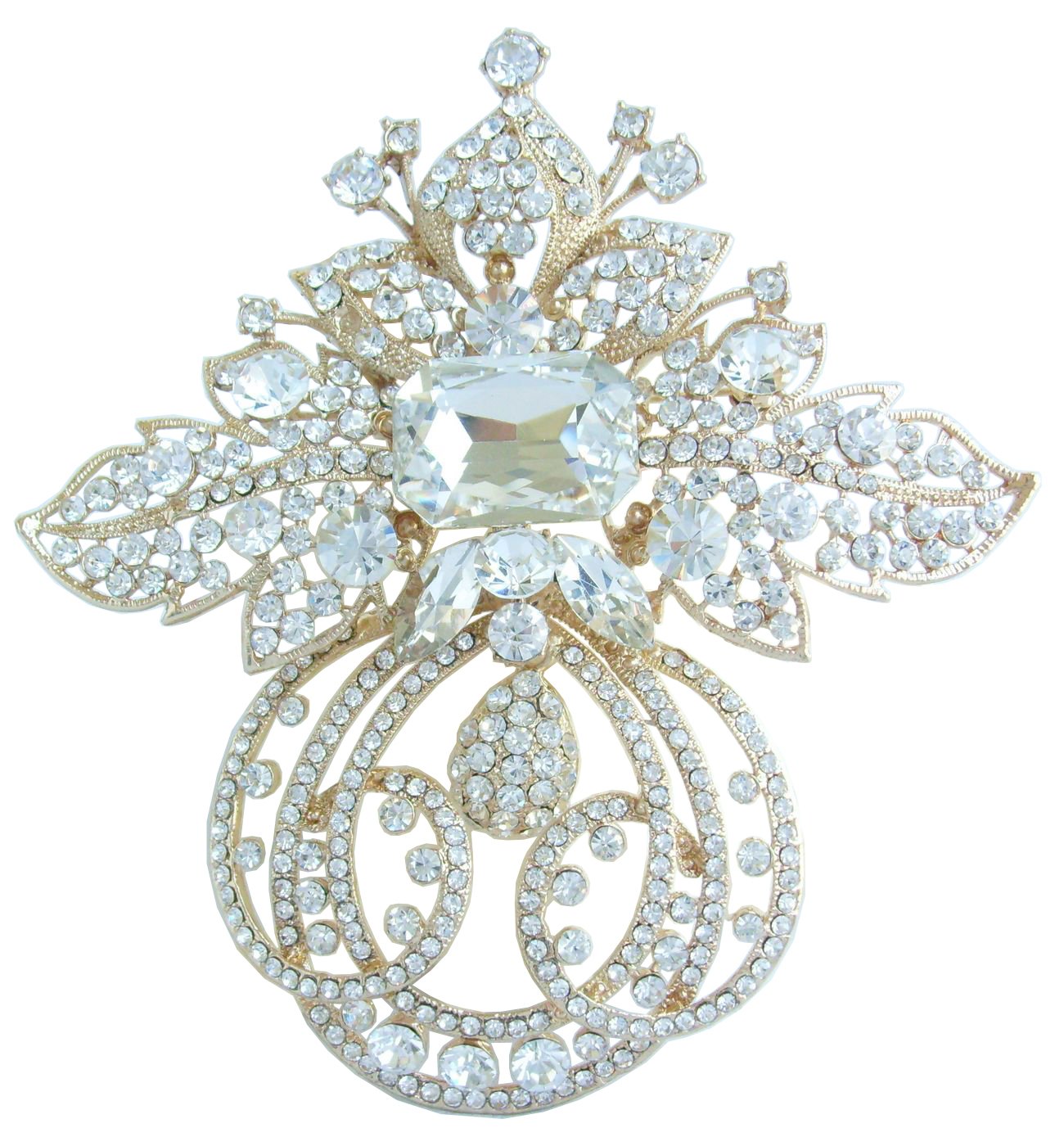 Gorgeous 4.72" Flower Brooch Pin Pendant Austrian Crystal UKB4249 (Gold-Tone Clear)