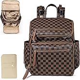 Omanmoli Checkered Diaper Bag Backpack Large Baby Diaper Bag Leather with 17 Diaper Bag Organizing Pouches,Changing Pad,Stroller Straps,4 Insulated Pockets, Coffee