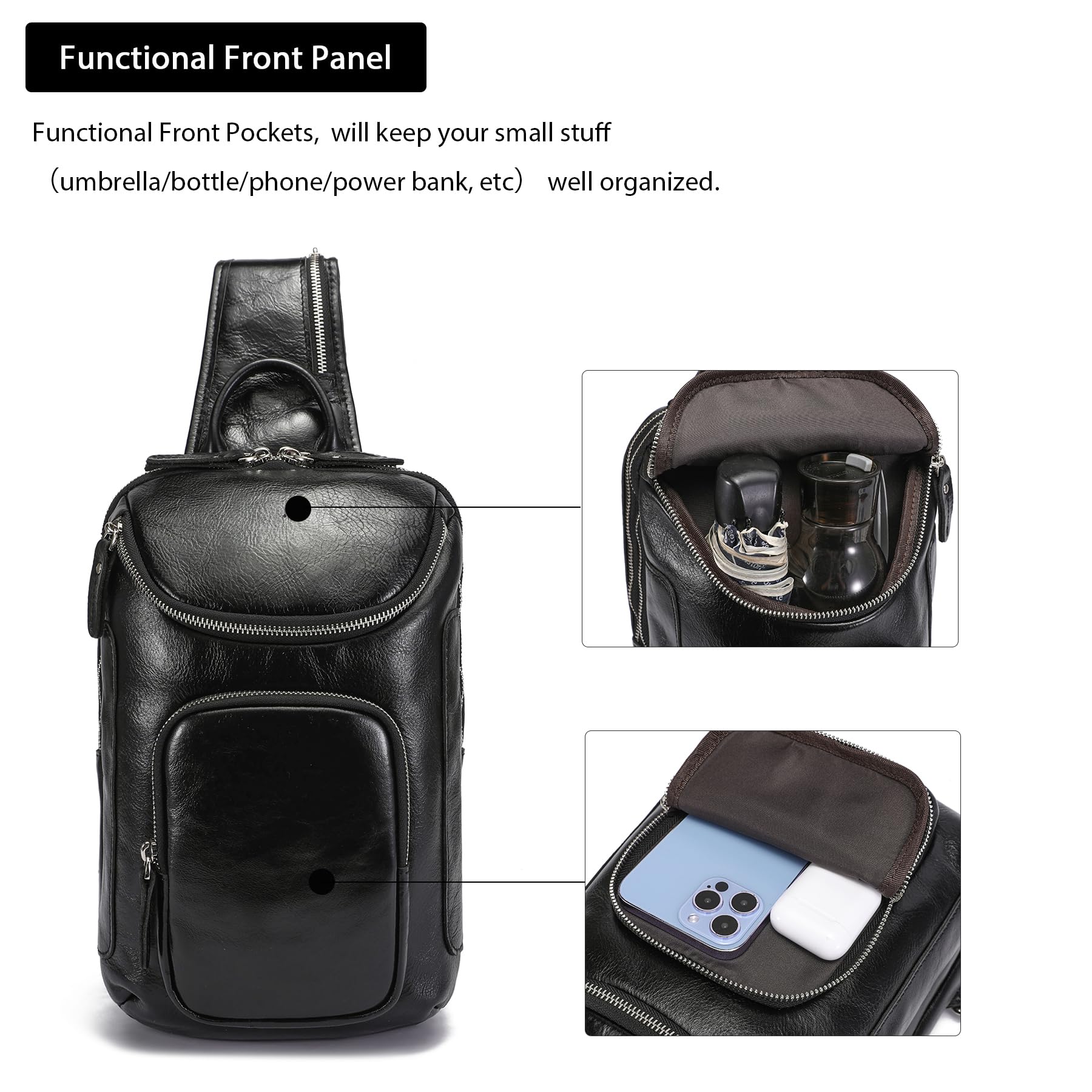 LANNSYNE Vintage Full Grain Leather Sling Bag Crossbody Chest Daypack