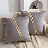 WACOMECO Pack of 2 Gold Throw Pillow Covers - Soft Decorative Luxury Velvet Cushion Covers Pillow Cases with Gold Leather for Sofa Bedroom Livingroom Car, 18 x 18 in, Grey