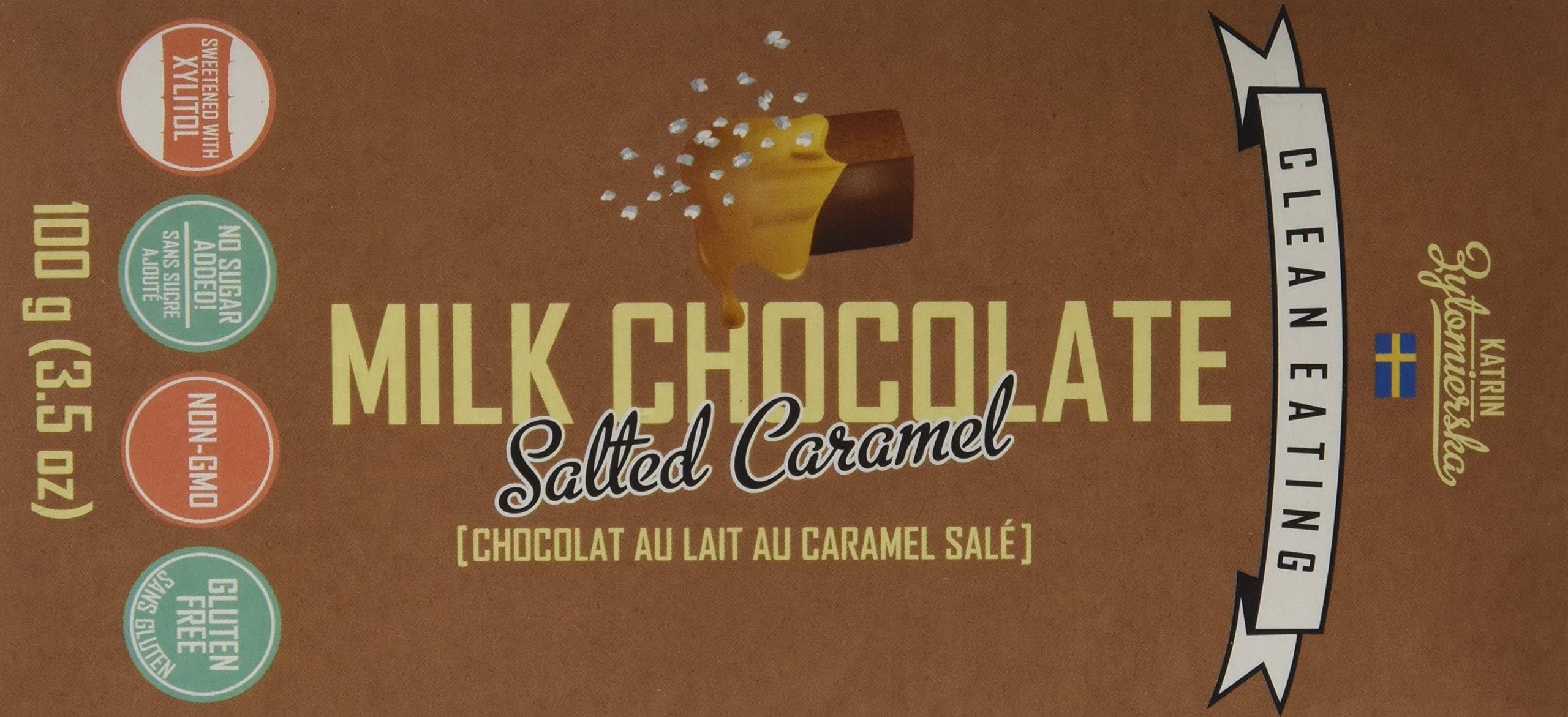 KZ Clean Eating - Salted Caramel Milk Chocolate Bar - 100g (3.5oz) - Low Carb Sugar Free Gluten free Swedish