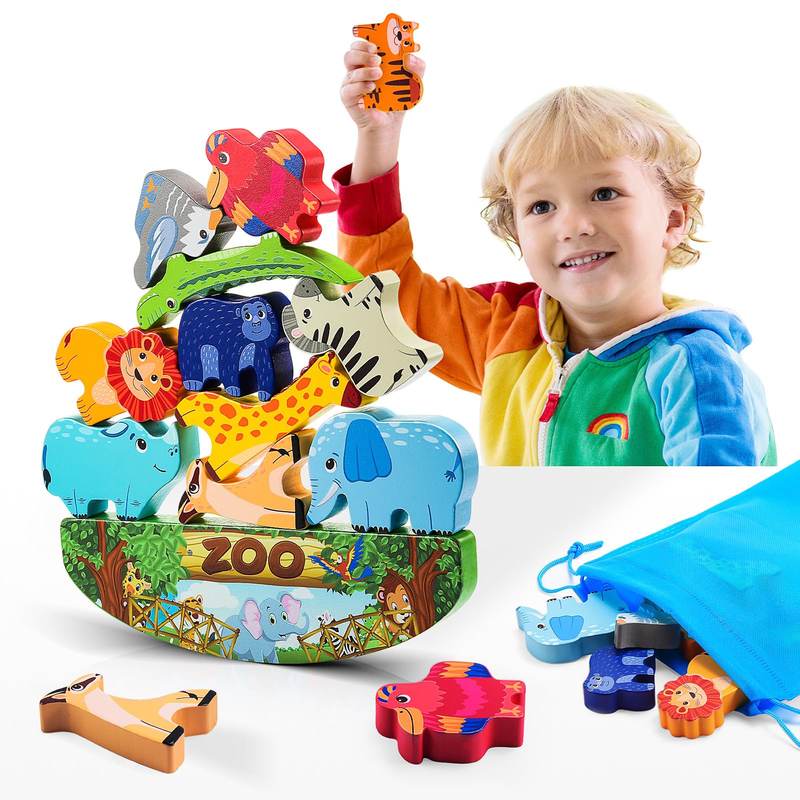 DejaNard Wooden Toys for 2-5 Year Old Boys, Kids Toys Age 2 3 4 5 Stacking Blocks Animals Age 2 3 4 5 Year Old Girls Gifts Building Blocks Gift for 2-5 Year Old Girls — image 1