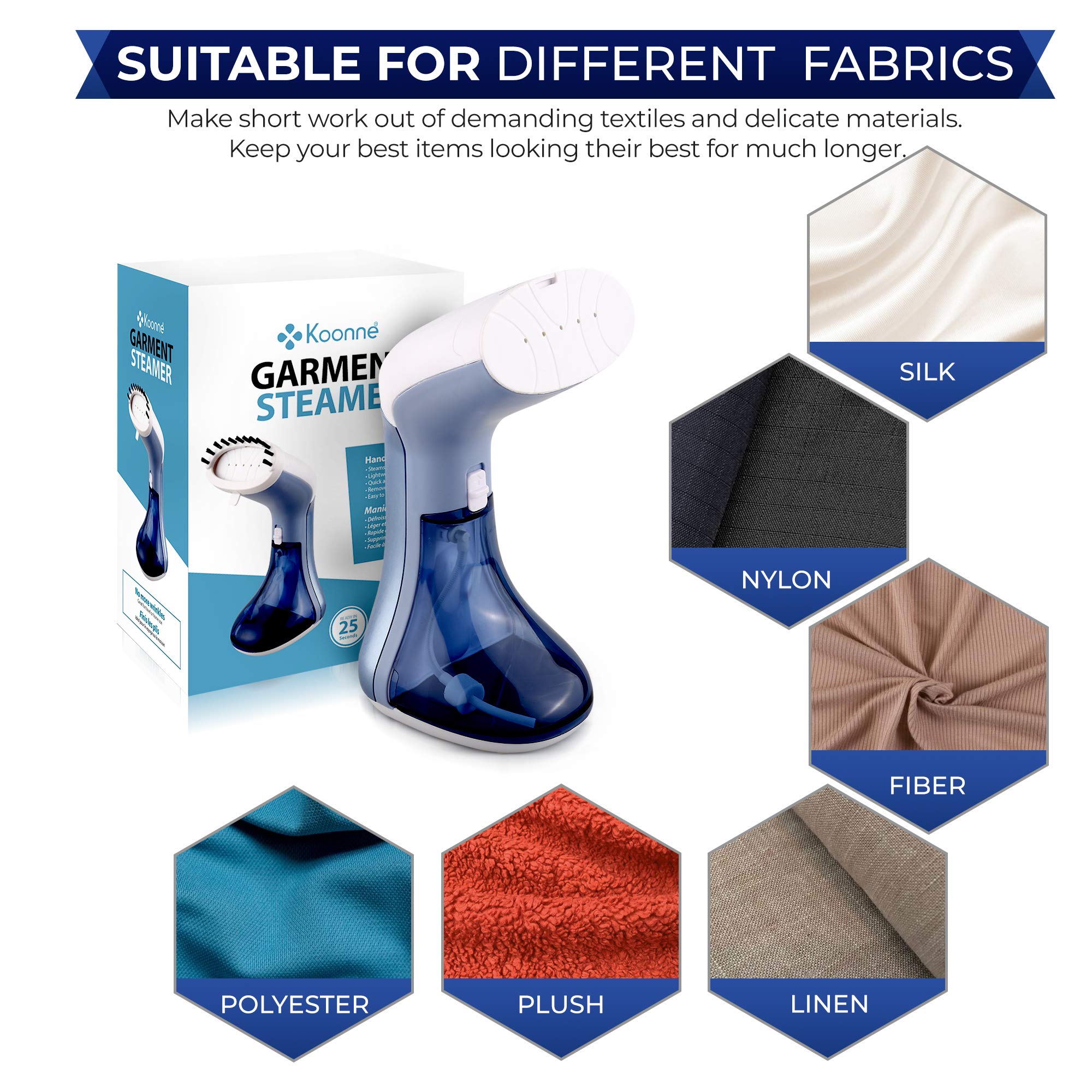 KOONNE Mini Garment Steamer | For hard water |Quick Heating for Wrinkle Free Clothes, Curtains & Furniture | Lightweight & Portable Handheld Iron for Travelling