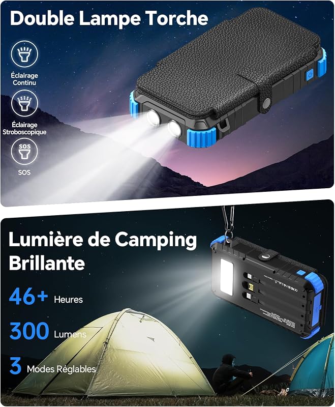 Batterie Externe Solaire 20000mAh avec 4 Panneaux Solaires & 3 Câbles — photo 6 sur 8