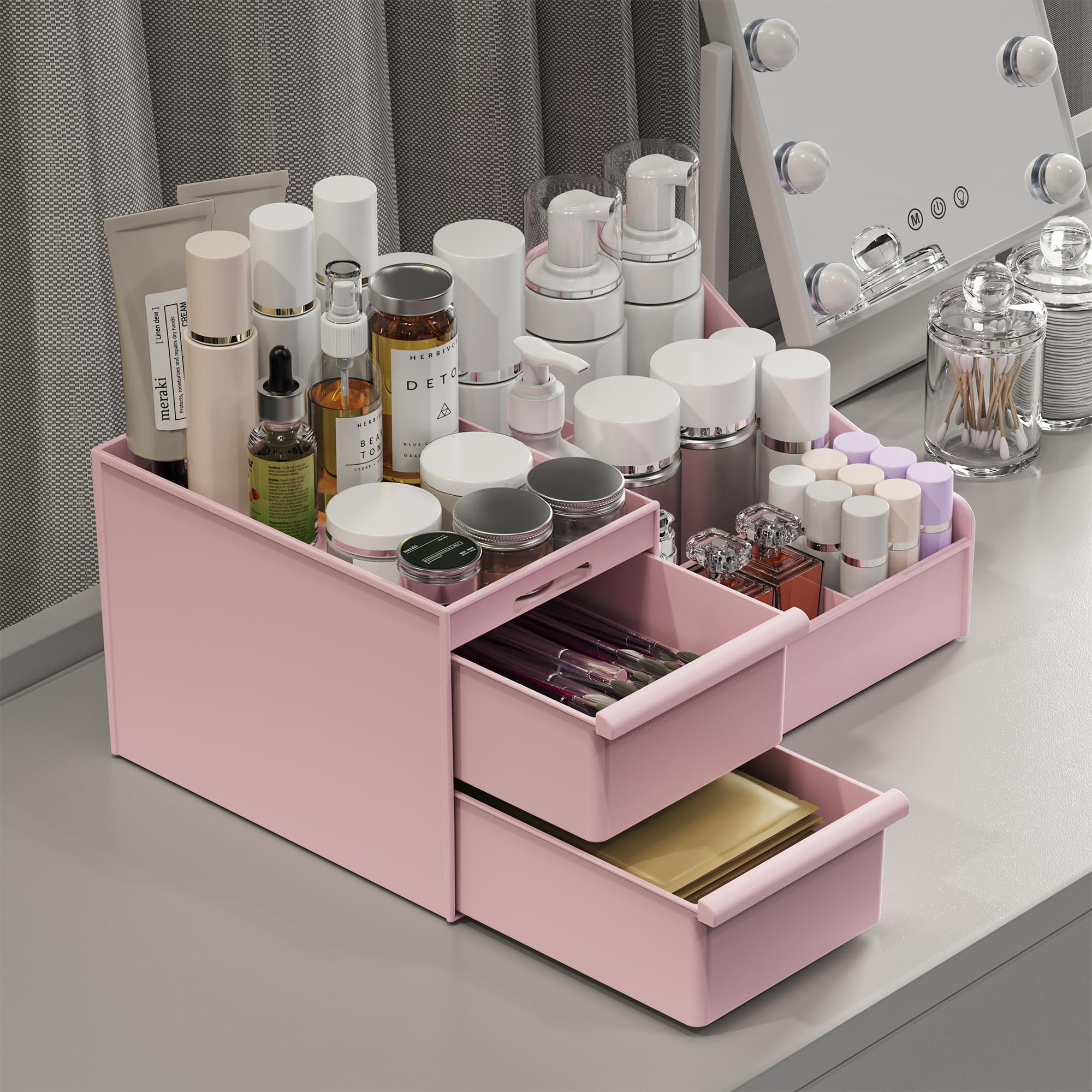 DancesCat Makeup Organizer Storage Drawers, Large Capacity Cosmetic Organisers for Lipsticks, Jewelry, Nail Care, Skincare Organiser for Vanity, Ideal Desk Organizer for Dresser and Bathroom (Pink)