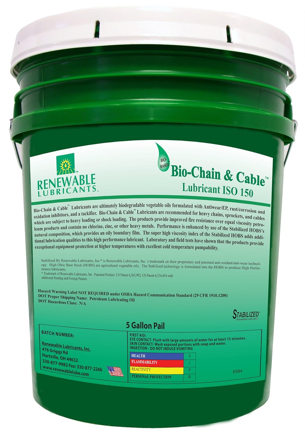 Renewable Lubricants Bio-Chain and Cable ISO 150 Lubricant Oil, 5 Gallon Pail: Industrial & Scientific