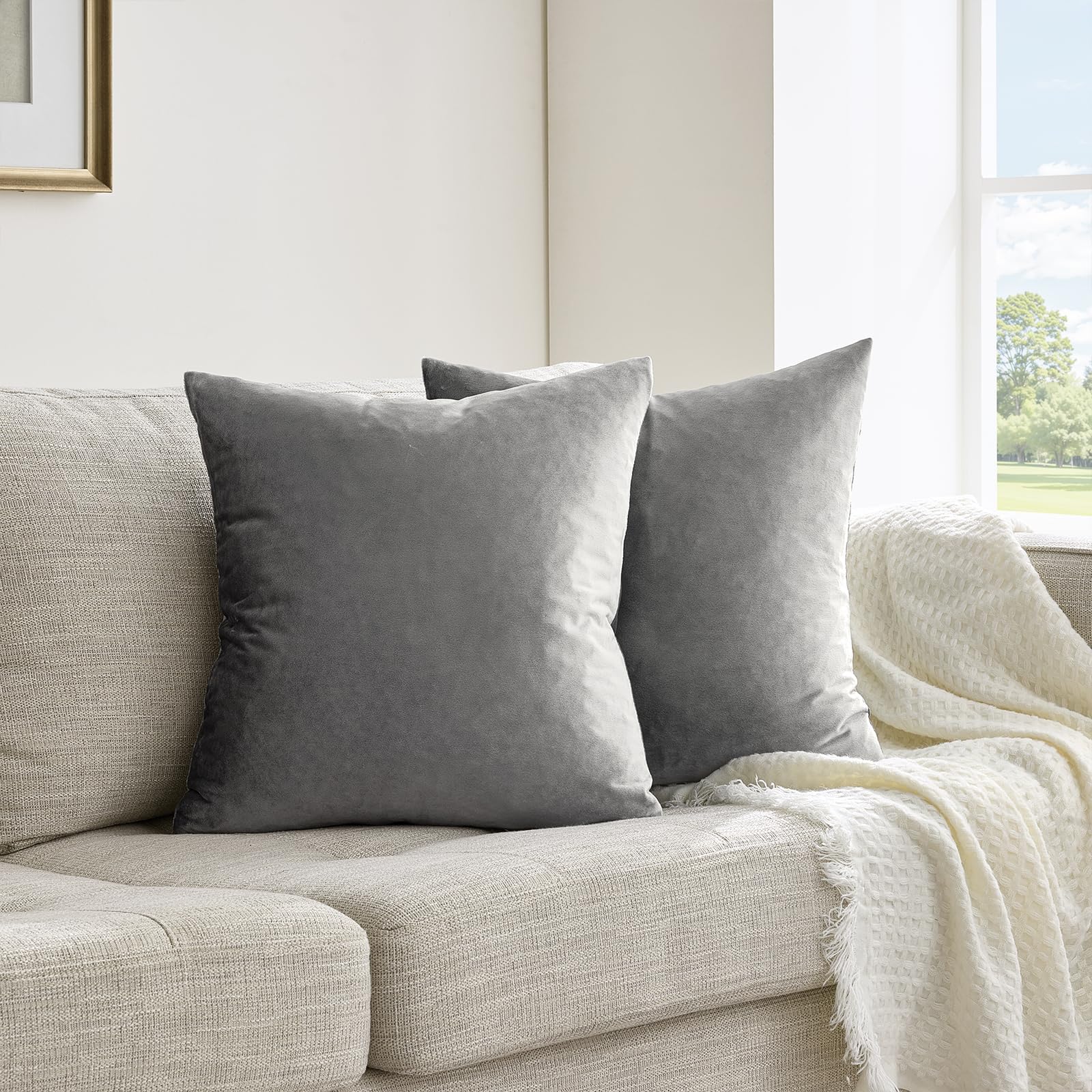 GIGIZAZA Velvet Cushion Covers 16 x 16 inches Decorative Square Soft Throw Pillowcases 40 x 40cm for Sofa Bedroom Living room 2 pack Dark Grey — image 1