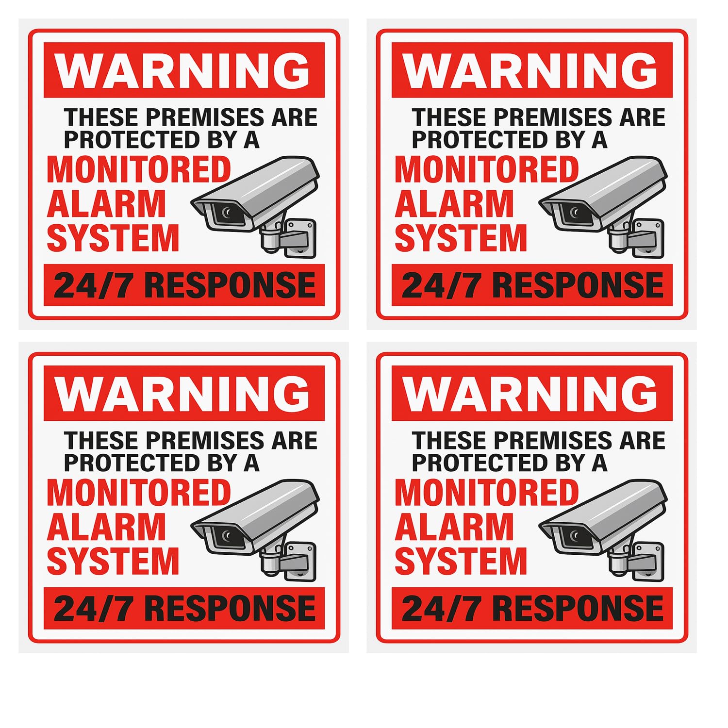 CCTV & Alarm System Warning Stickers – 24 Hour Monitored Premises Sign – Self Adhesive – 100mm x 100mm – 4 Pack