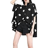ellazhu Women's Batwing Sleeve Polka Dot Printed Button Down Blouse Oversized Shirt Top for Summer GY1903