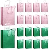 Geyoga 24 Pcs 8.3 x 5.9'' Glitter Pink and Green Gift Bags Witch and Princes Party Favors Paper Wrap Gift Bags with Handle Organza Sheer Ribbons for Pink and Green Witch Theme Party Supplies