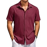 COOFANDY Men's Casual Short Sleeve Button Down Shirts Beach Summer Wedding Shirt Wine Red
