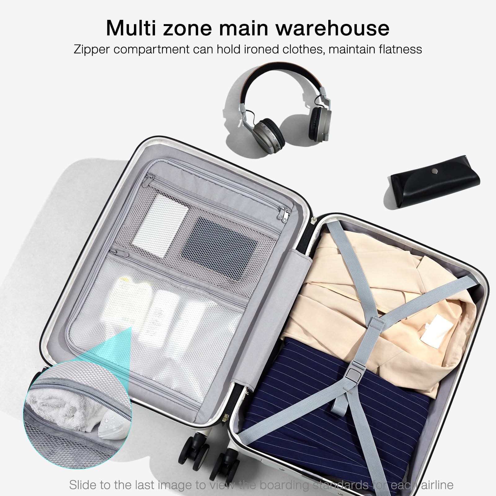 Hanke Grace Carry On Luggage with Wheels Airline Approved Hard Shell Suitcases with Front Pocket，Top Opening Luggage with TSA Lock for Short Business Travel，Smoke White.