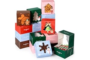 Fit Meal Prep 25 Pack Christmas Cookie Boxes with Window, 4x4x2.5 Inches Auto-Popup Small Treat Boxes for Gift Giving, 5 Color Designs Bakery Boxes for Holiday Packaging of Candy, Chocolate, Cupcakes