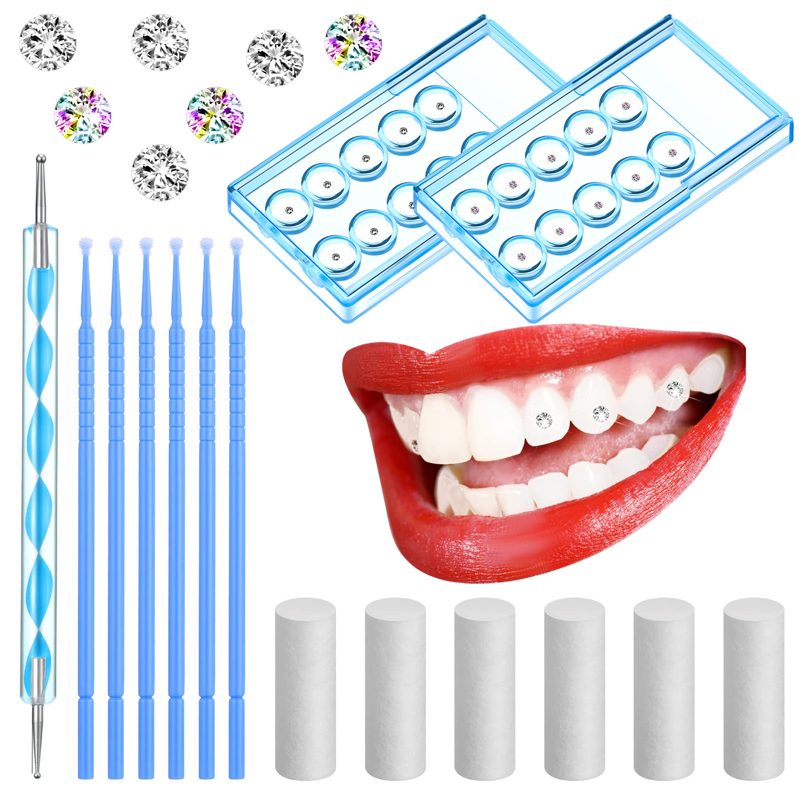 Photo 1 of Boao 61 Pcs Tooth Gem Kit DIY Jewelry Dental Gems Reflective Teeth Diamonds Set Artificial Crystal Ornaments Jewel with Applicator Sticks Dot Drill Pen Cotton Sticks(White,Colorful,Blue)