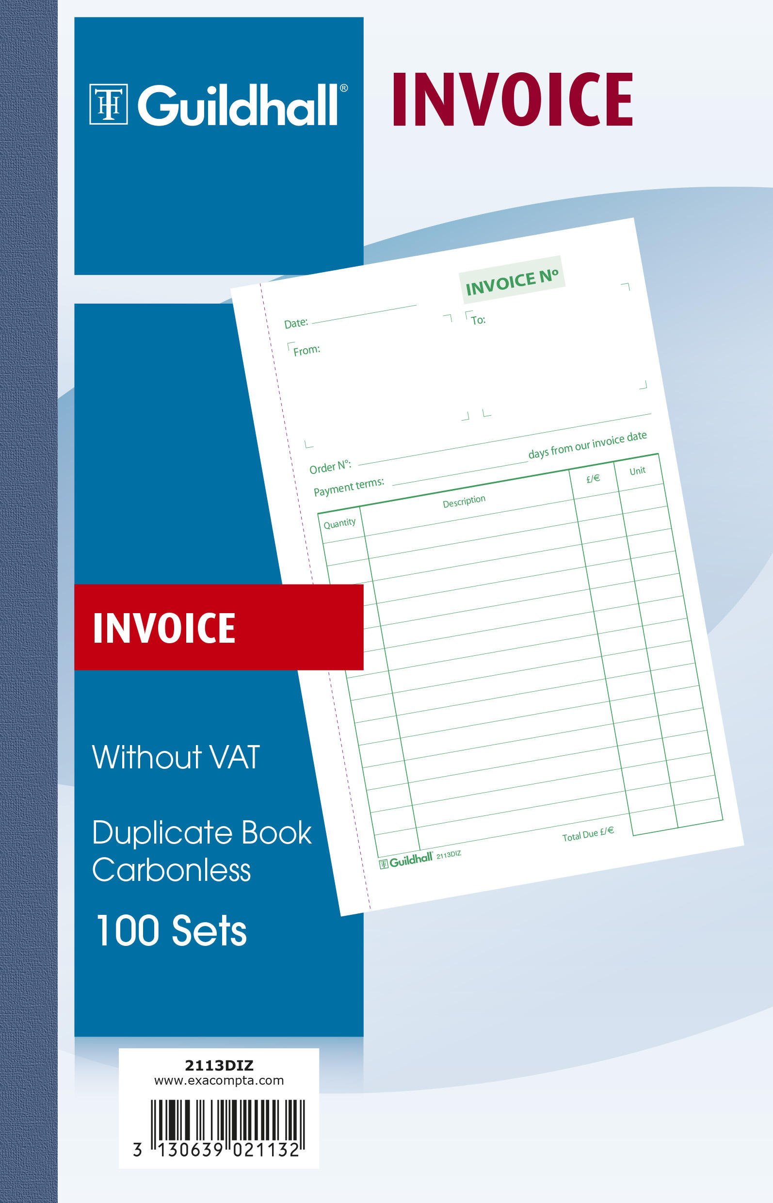 Exacompta - Ref 2113DIZ - Guildhall Duplicate Invoice Book (100 Sets) - 210 x 135mm in Size, Numbered Pages 1-100, Green Printed Rulings, Carbonless, Cloth Tape Binding