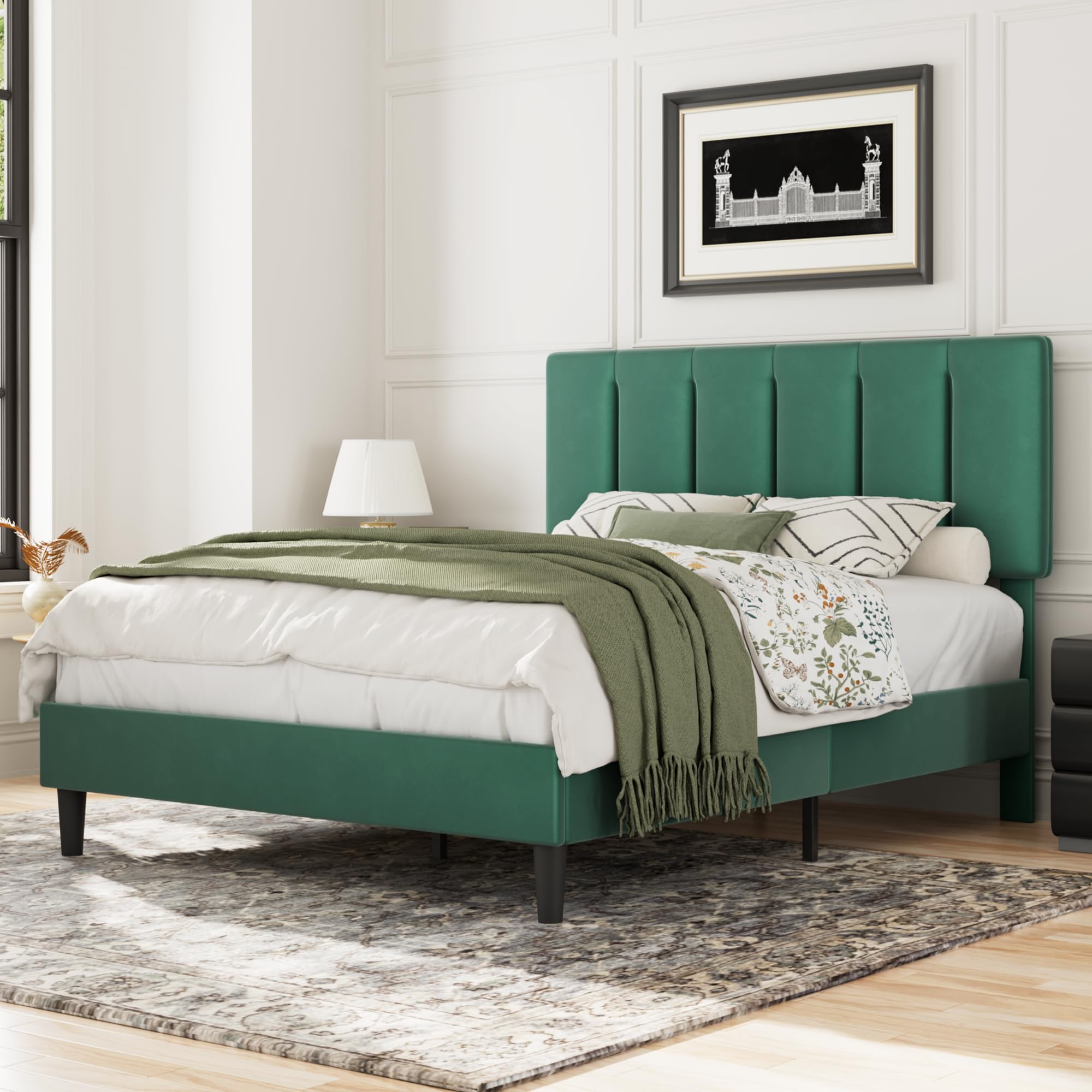 VECELO Queen Size Bed Frame with Adjustable Headboard, Upholstered Platform Bedframe with Wood Slat Support, No Box Spring Needed, Easy Assembly, Dark Green Image
