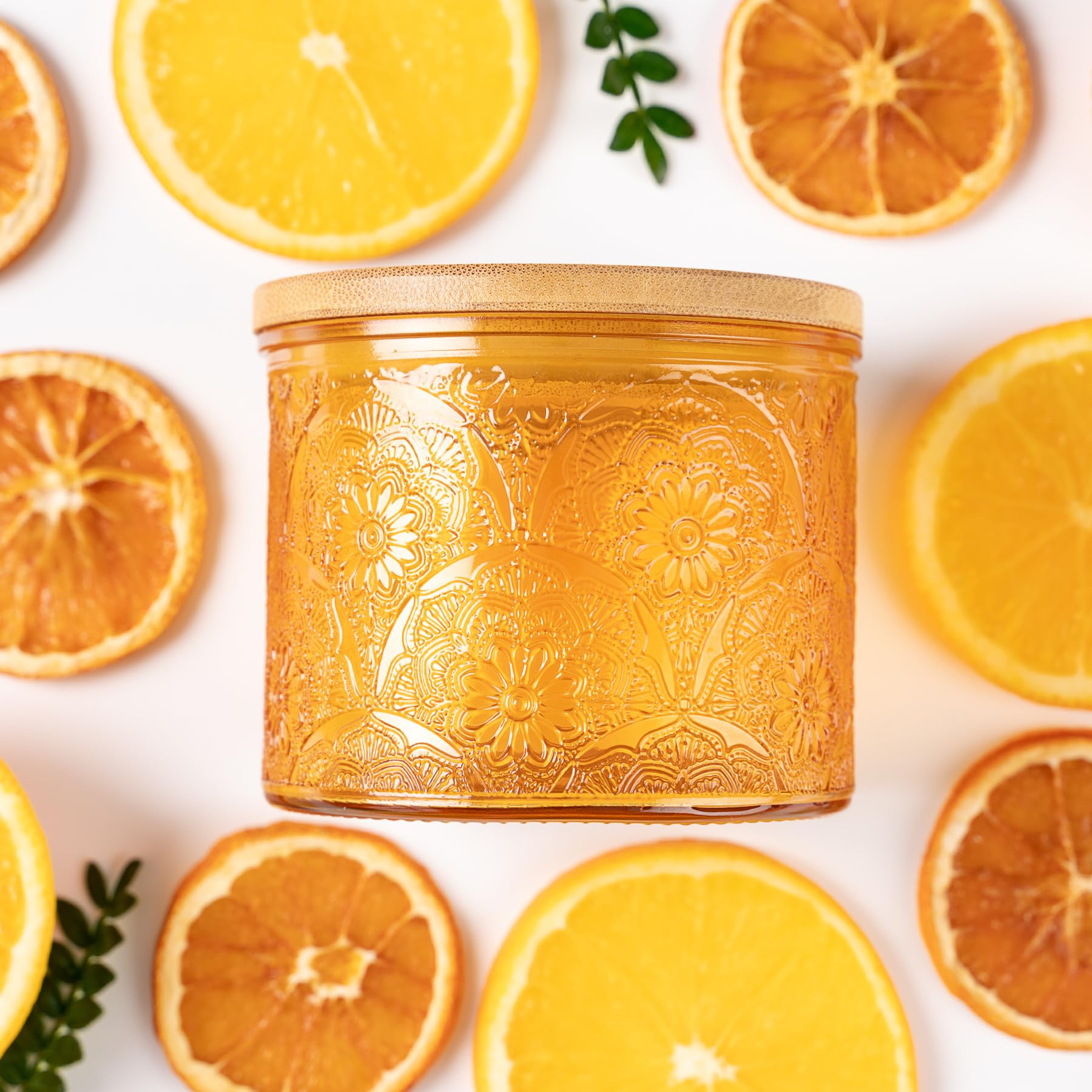 Photo 1 of 10 oz Embossed Glass Candle Container with Bamboo Lids and Labels,Orange Candle Jars for Making Candles,Mandala Design - Pack of 9