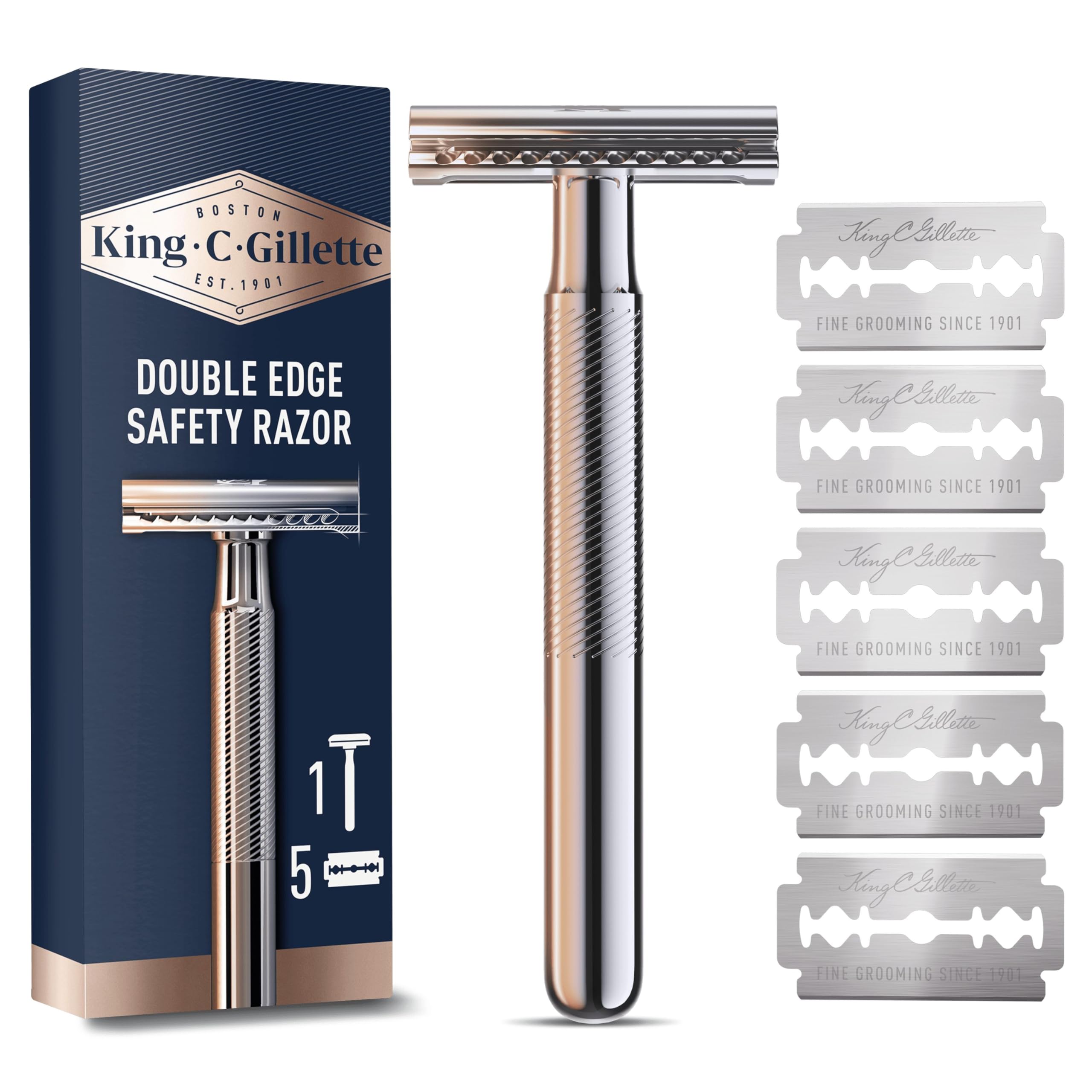 King C. Gillette Double Edge Safety Razor, Platinum Coated Blades, Classic Safety Razor for Smooth Shaving, Traditional Wet Shave Razor with 5 Replacement Blades for Men