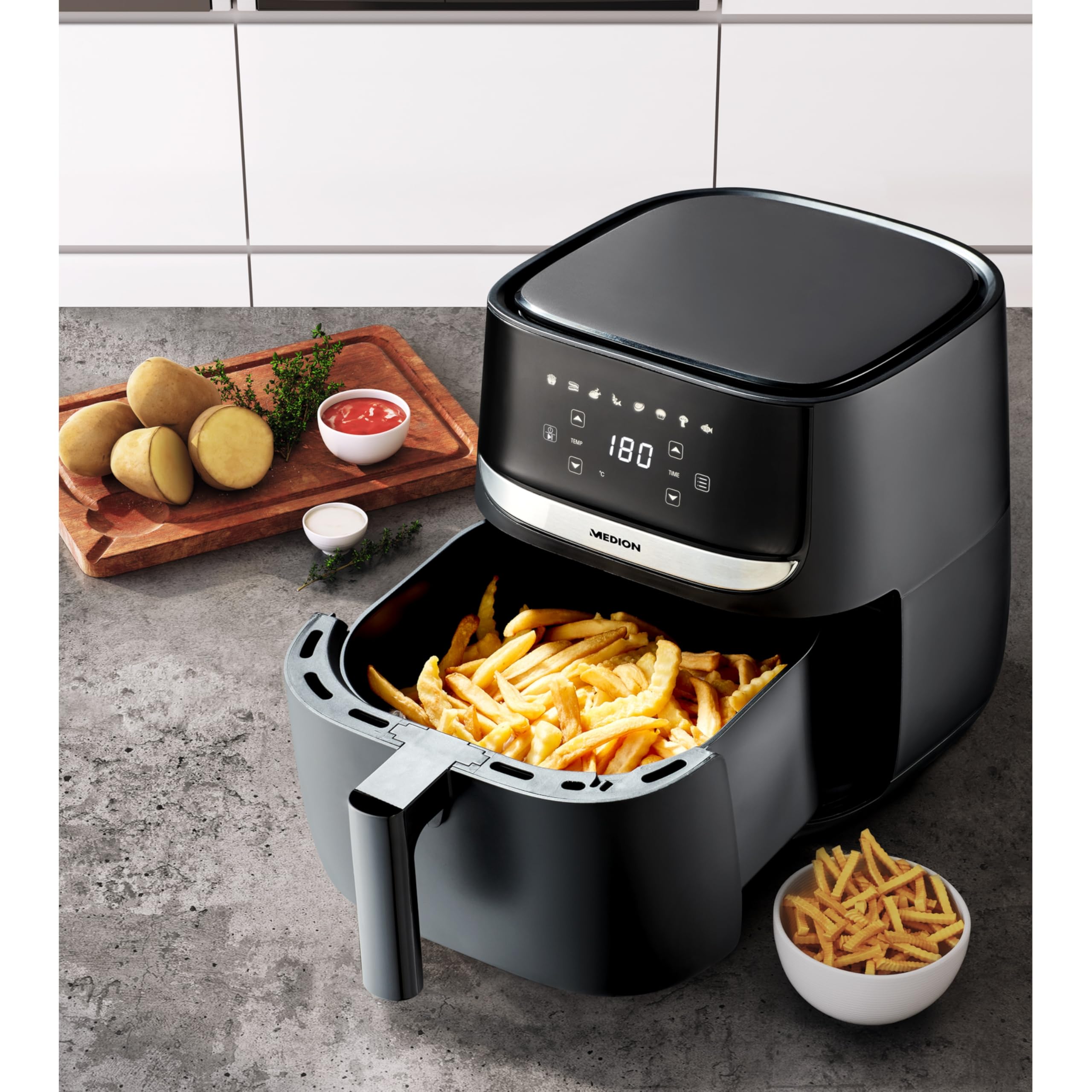 MEDION E50 XL Heißluftfritteuse (5,7 Liter, Airfryer, ca. 1700 Watt, Digitales Bedienfeld, 8 Automatikprogramme, ölfreies Frittieren, 30 Min Timer, Überhitzungsschutz, MD10532) 7