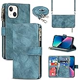 Cavor for iPhone 13 Wallet Case for Women Men, for iPhone 13 Crossbody Case with Strap Stand,Card Holder,Leather Magnetic Zipper Protective Phone Case Cover,Light Blue