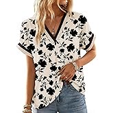Dokotoo Women's Spring Summer Casual V Neck Tops Loose Fit Short Sleeve Floral T Shirts