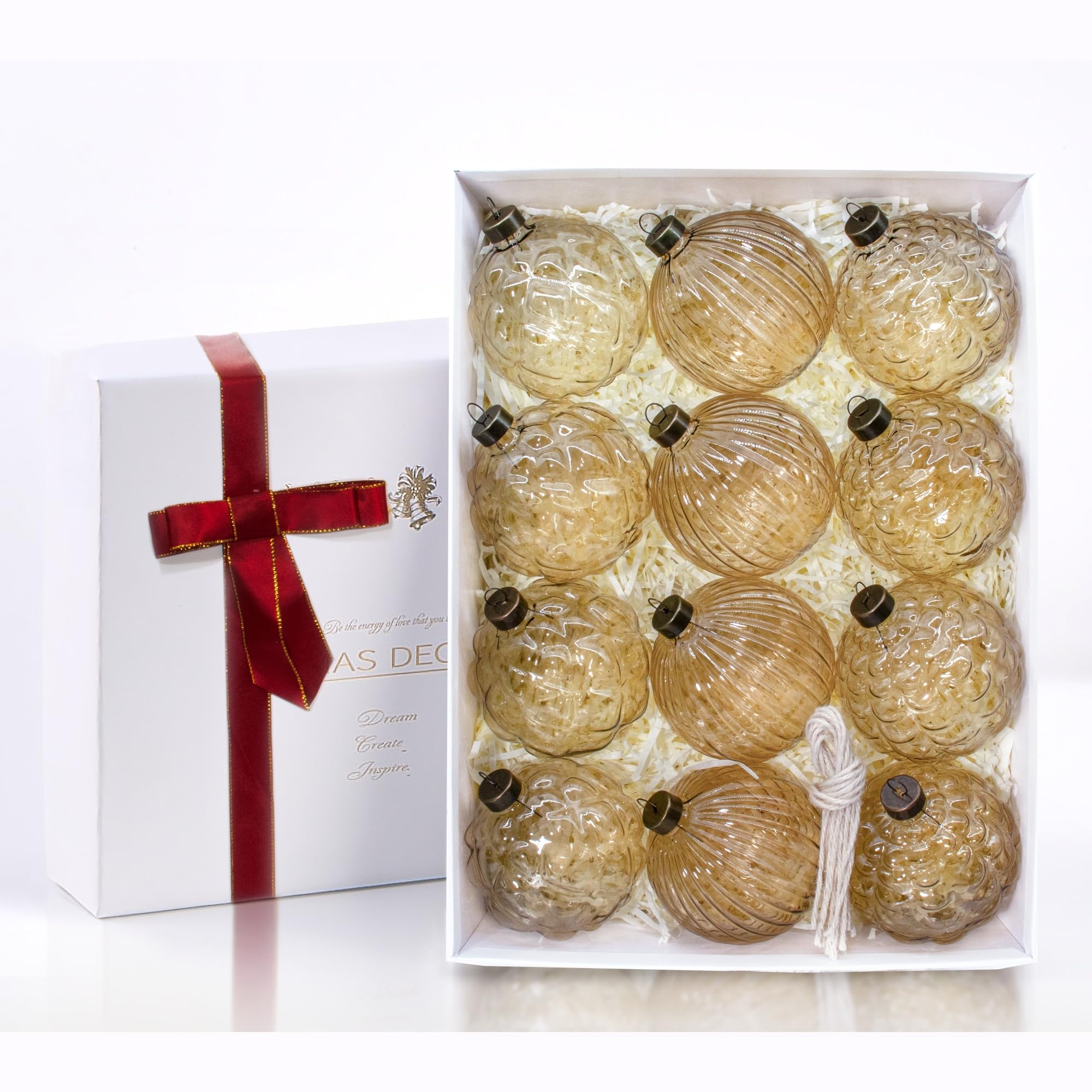 View 1 of 12PCS Champagne Gold Glass Christmas Ornaments, 3.15” Textured Glass Ball Ornaments, Vintage Baubles, Rustic Farmhouse Holiday Decorations for Christmas Tree, Wreaths & Garland (Smoky Brown)