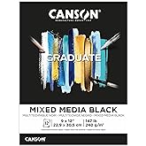 Canson Graduate Mixed Media Paper Pad, Black, 9x12 in | Foldover Pad, 12 Sheets (147lb/240g) Artist Paper for Watercolors, Ink, Pencil, Marker