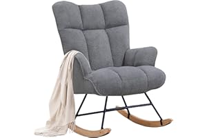 Zedachica Rocking Chair Nursery Teddy Upholstered Glider Rocker Rocking Accent Chair Padded Seat with High Backrest Armchair Comfy Side Chair for Living Room Bedroom Offices (Dark Grey Teddy)