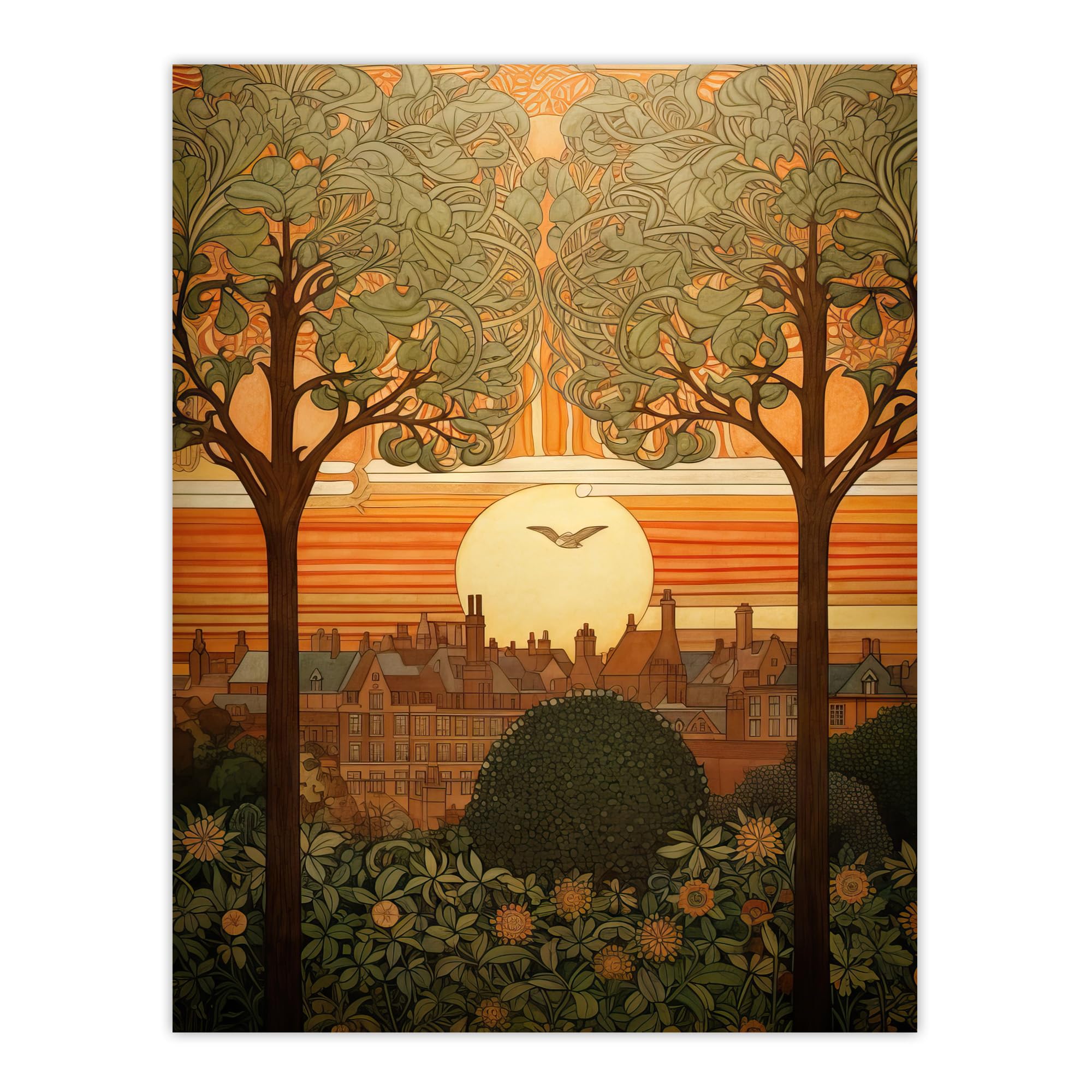 Artery8 Art Nouveau Autumn Village Sunset Artwork Painting Extra Large XL Wall Art Poster Print