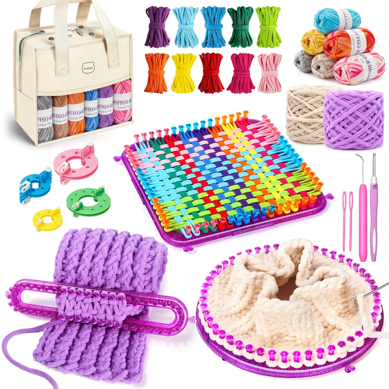 MIAOKE 633 Pcs Weaving Loom Kit with Pompom Maker,Knit Hat Scarf Knitting Loom Kit,Includes Storage Bag, Binding Needles, Colored Craft Rings, Yarn and Crochet Hooks, Knitting Loom Kits for Beginner